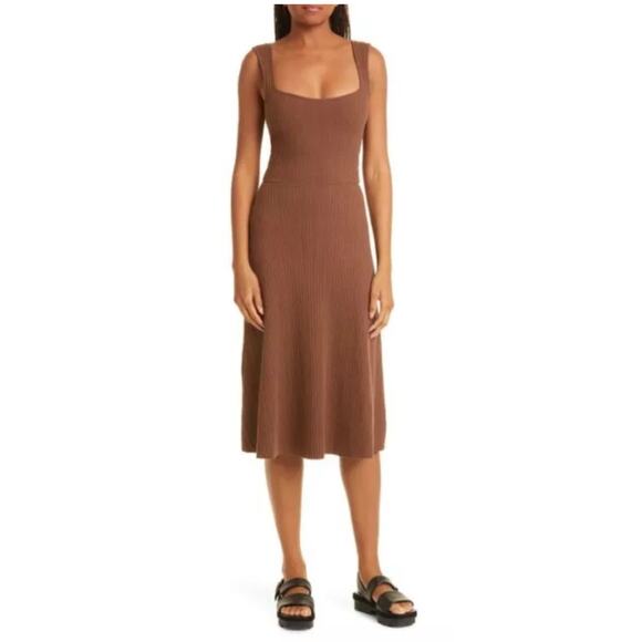 Vince Ribbed Knit Square Neck Midi Dress Chestnut Hazelnut Brown S - Picture 1 of 9